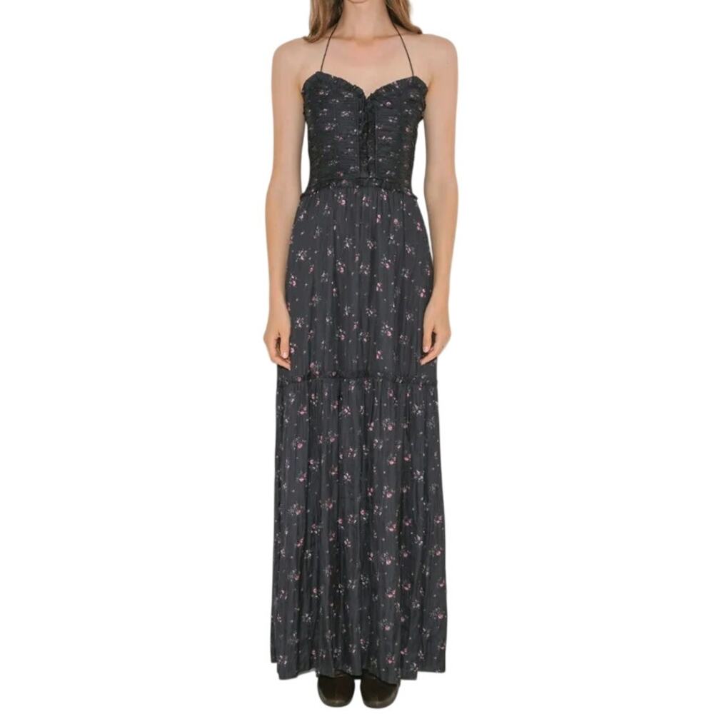 Ulla Johnson Rare Archival Emelyn Ruched Corset Floral Maxi Dress Black Tiered